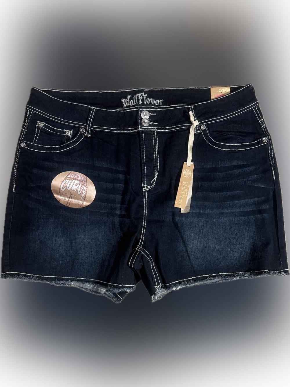 Wallflower Luscious Curvy Mid Rise Women’s Shorts Navy Sz 22 Heart Flag Bling